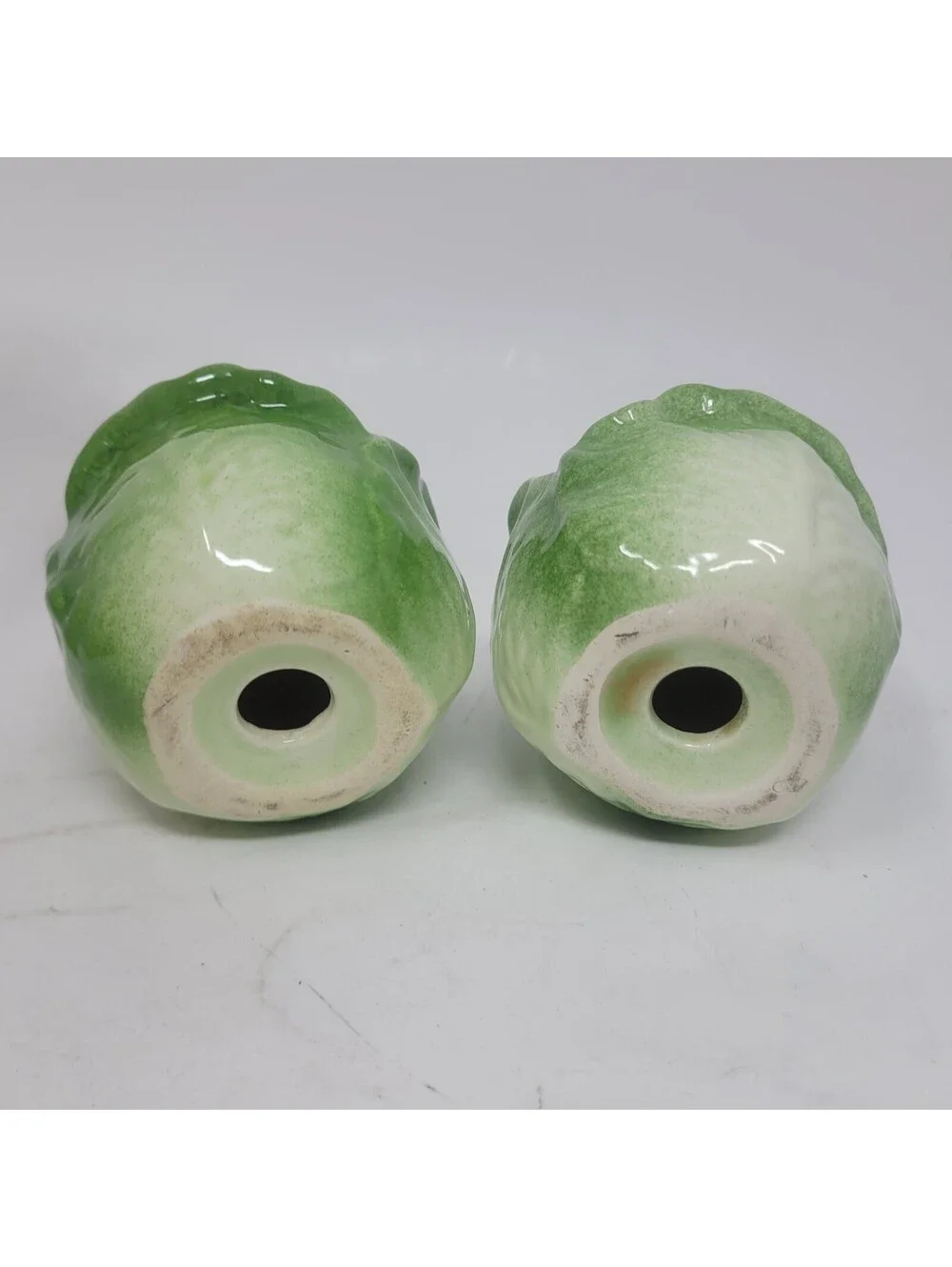 Vintage Ceramic Cabbage Lettuce Head Salt Pepper Shakers Majolica Style
